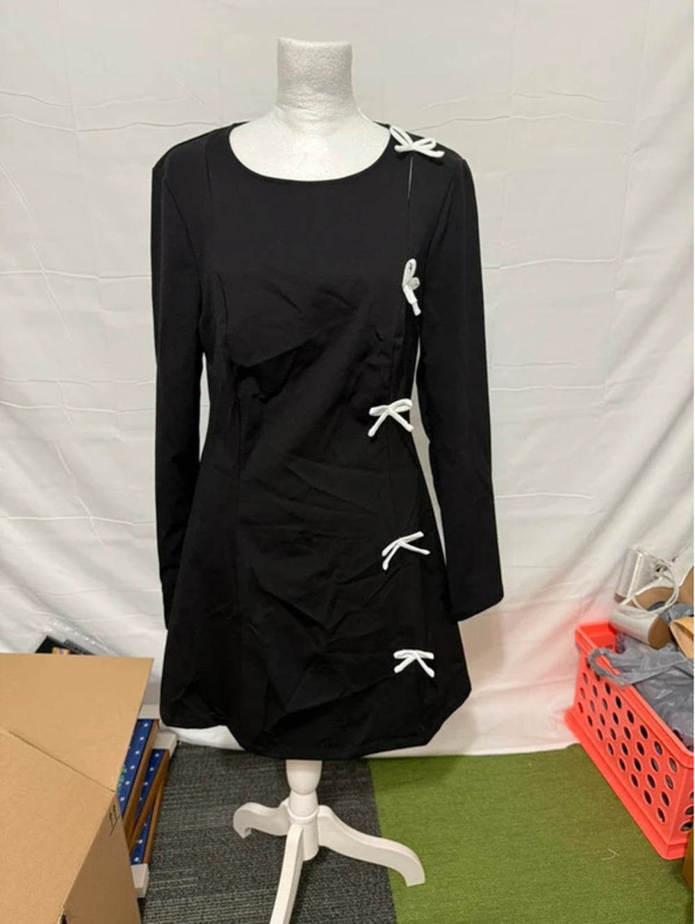 Chic Black Mini Dress with White Bows - Y2K Inspired
